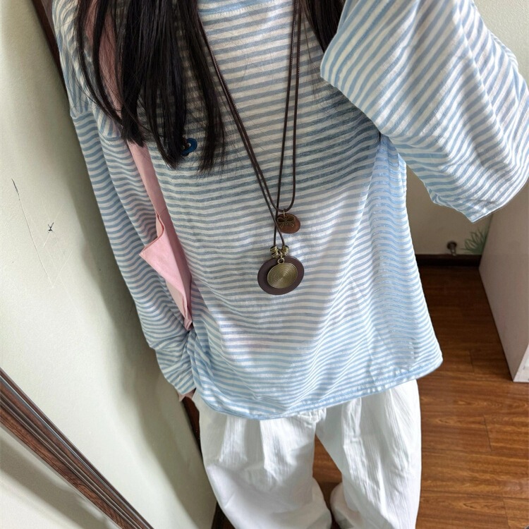 Original Fabric Blue Stripesd Long-Sleeved Sun Protection T-Shirt for Women Summer 2025 New Loose Mid-Length Thin Blouse Top