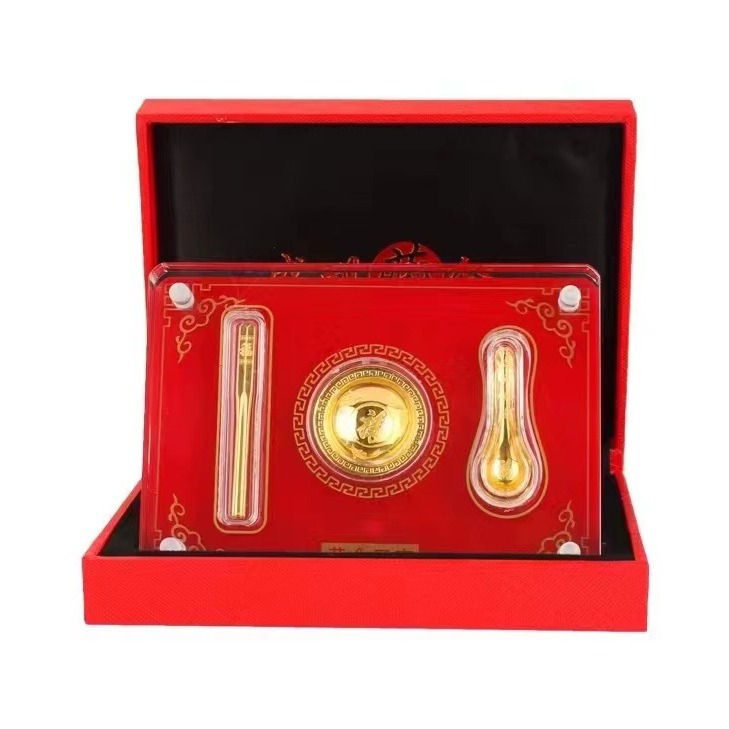 中式聚福三宝金碗金勺金筷银碗银勺银筷摆件套装批发直播礼品爆款