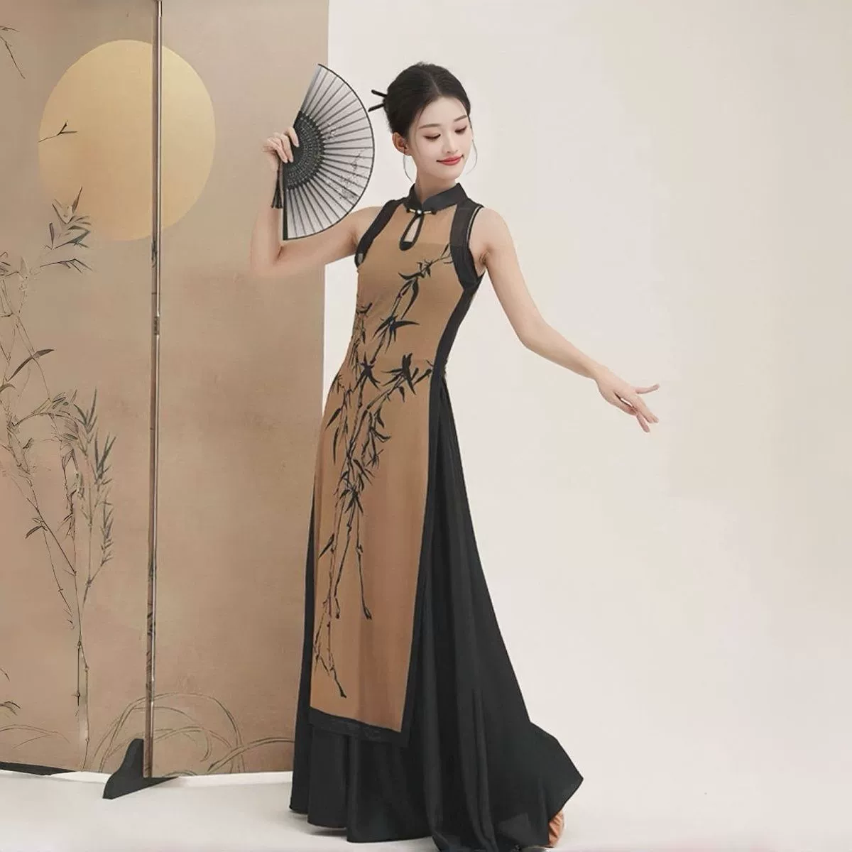 Новый классический танцевальный костюм для китайского танца, новый китайский стиль, длинный Cheongsam без рукавов, этнический танцевальный костюм для выступлений