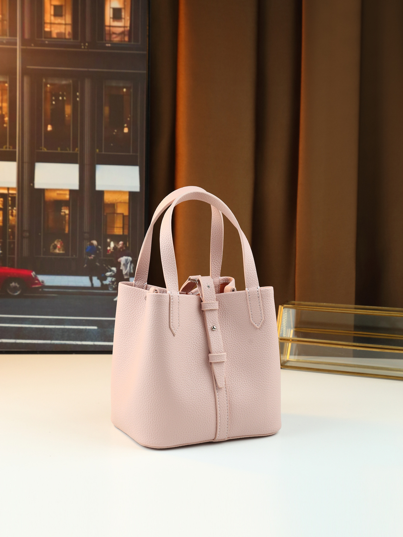 Lychee Pattern Women's Handbag Solid Color Bucket Bag Versatile Shoulder/Crossbody Bag For Commuting PU Leather Zipper Closure Medium Size_voghion.com