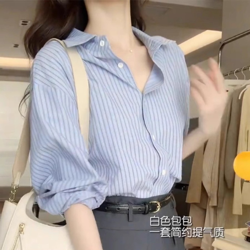 2025夏季新款蓝色防晒条纹衬衫外套气质职业衬衣女装法式休闲上衣|undefined