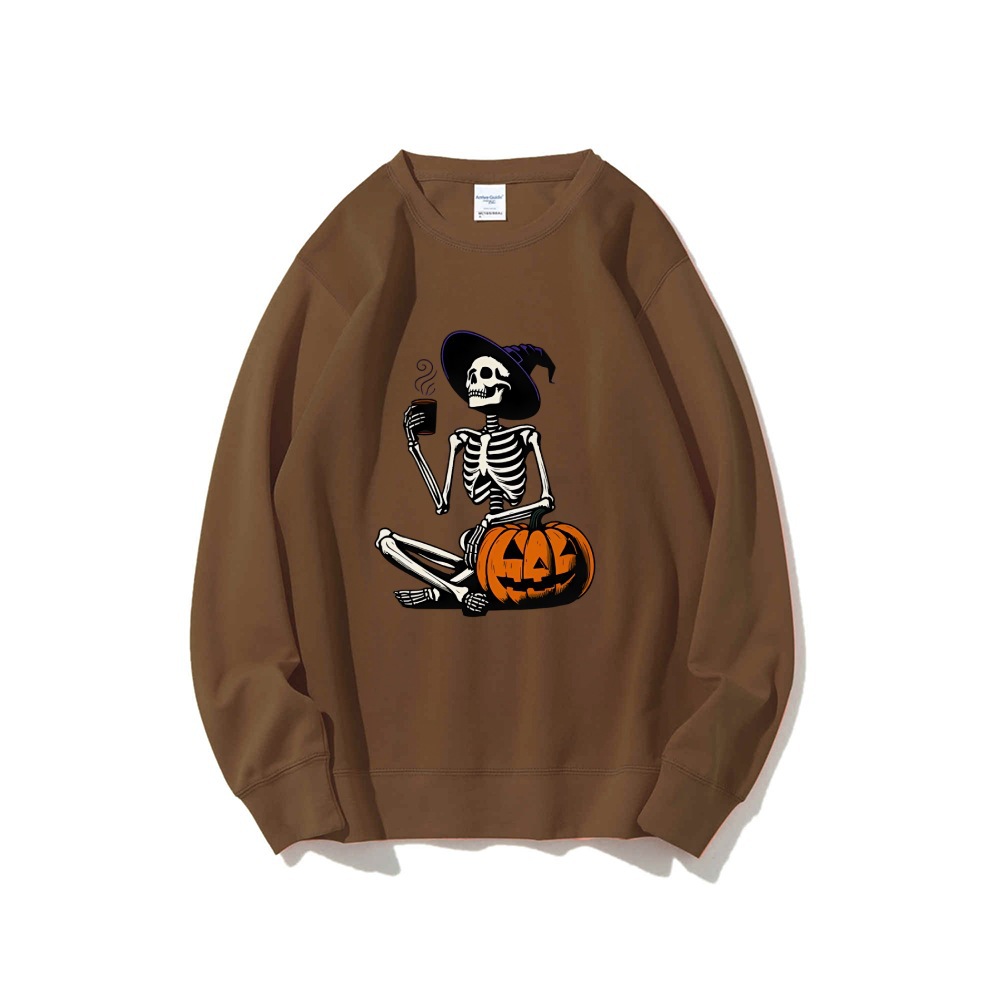 Skeleton Pumpkin Halloween Long Sleeve Top Retro Fall Coffee