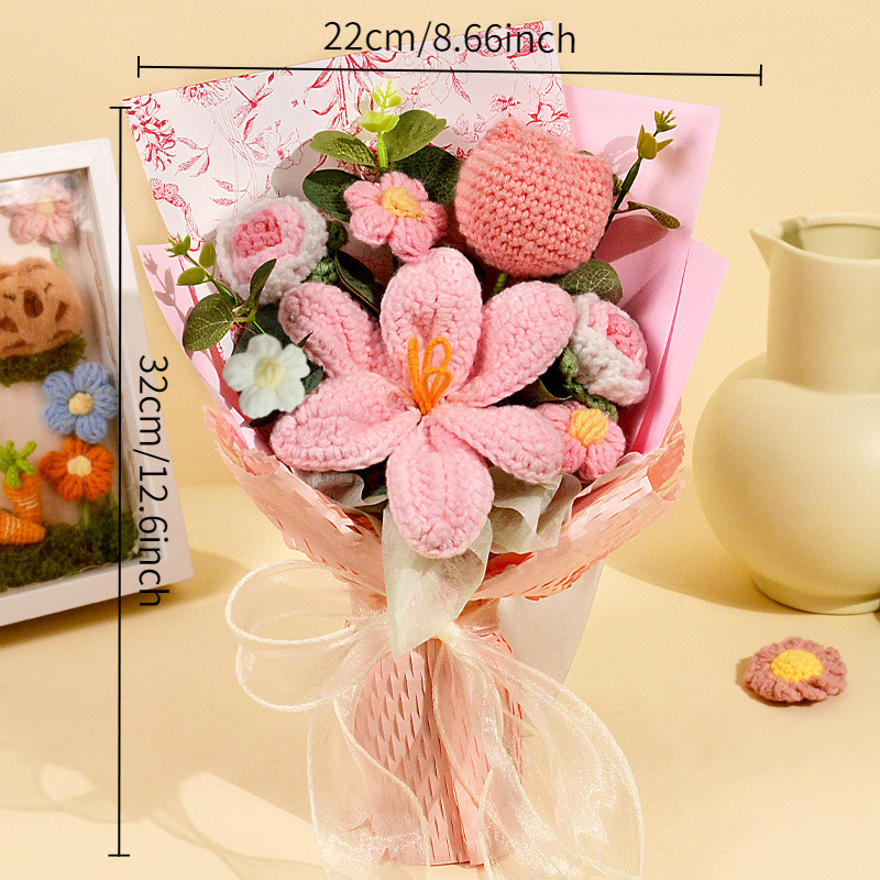 Flores de lana hechas a mano, flores de ganchillo, ramos terminados, tulipanes, rosas, festivales de cumpleaños, novias, ancianos