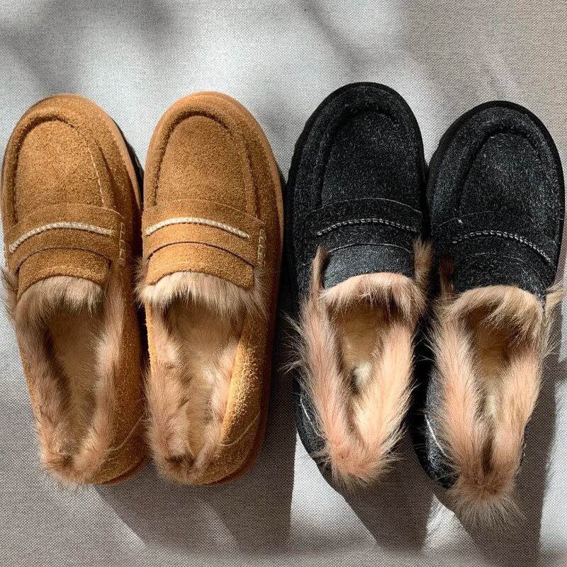 [Ready Stock] Winter Velvet Warm Cotton Shoes, One-Leg Flat-Soled Heightening Versatile Snow Thick-Soled Furry Loafers
