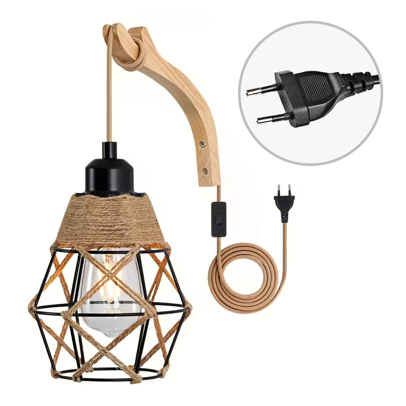Lámpara de pared enchufable estilo americano rústico madera sólida lámpara de pared de cuerda de cáñamo industrial lámpara de pared de cuerda de cáñamo transfronteriza lámpara de pared de comercio electrónico