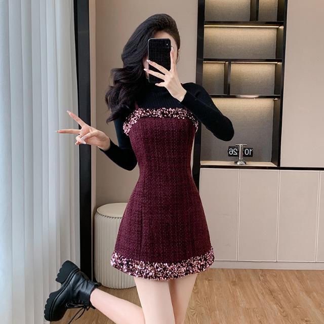European Style Small Fragrant Sequined Tweed Dress Sweater Suit Elegant Slimming Two-Piece Winter Style