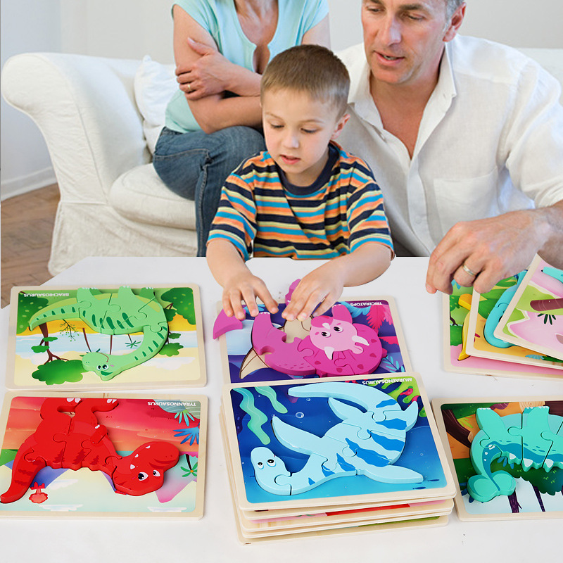 Rompecabezas de dinosaurio cognitivo de dibujos animados transfronterizos para niños nuevos juguetes educativos para bebés rompecabezas tridimensional al por mayor