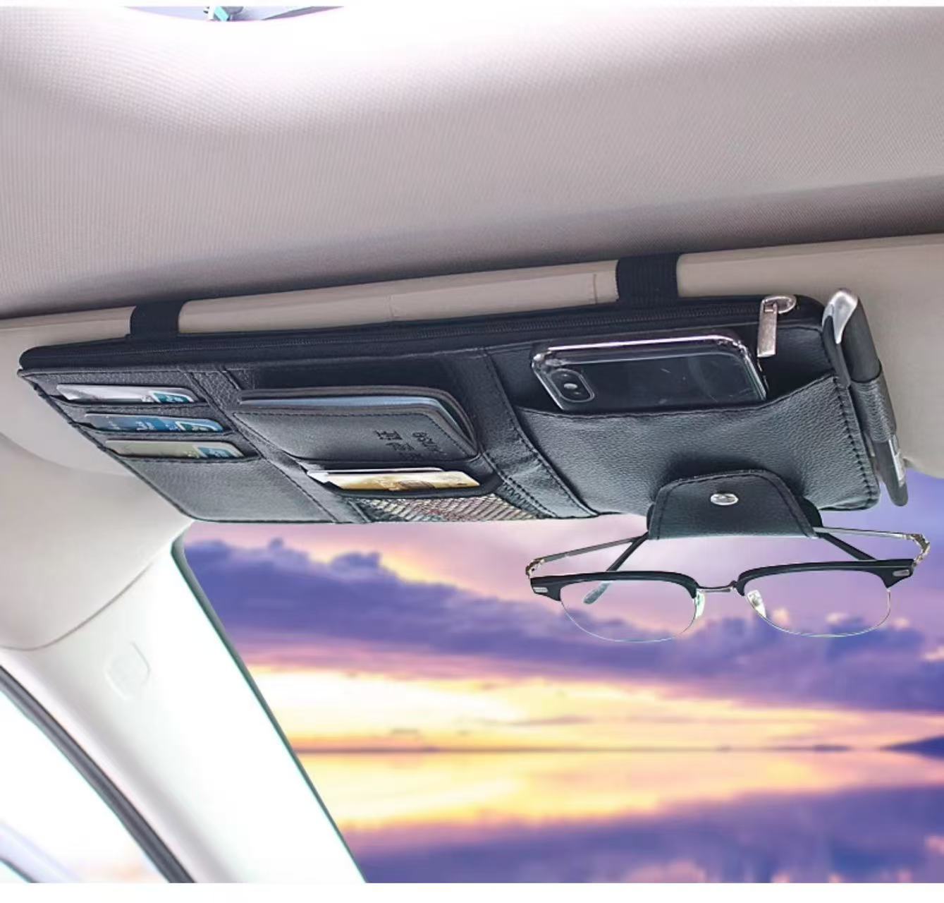 Car sun visor multifunctional eyeglass holder, eyeglass clip, bill and card holder, storage bag, interior accessory