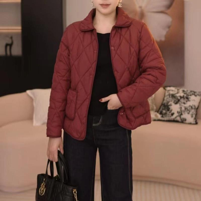 女士翻领棉服短款2025菱形格薄款夹棉秋冬外套棉衣其|undefined