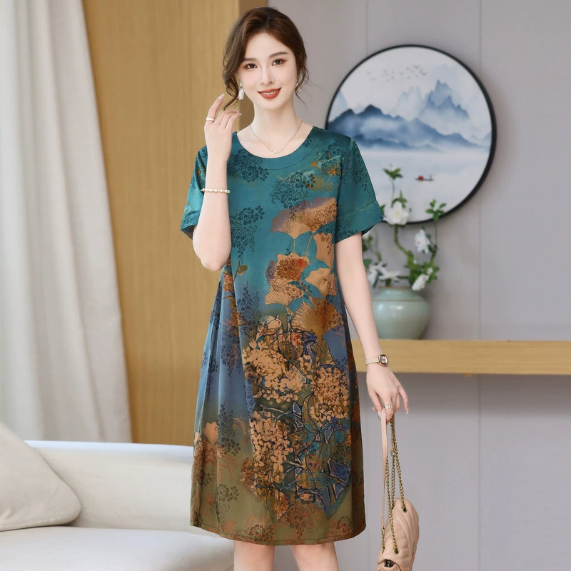 2025 новая летняя одежда для женщин среднего и старшего возраста, летняя одежда для мам, платье средней длины, одежда для мам