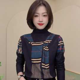 直播款 秋冬新款设计感假围巾气质恤半高领时尚百搭简约恤
