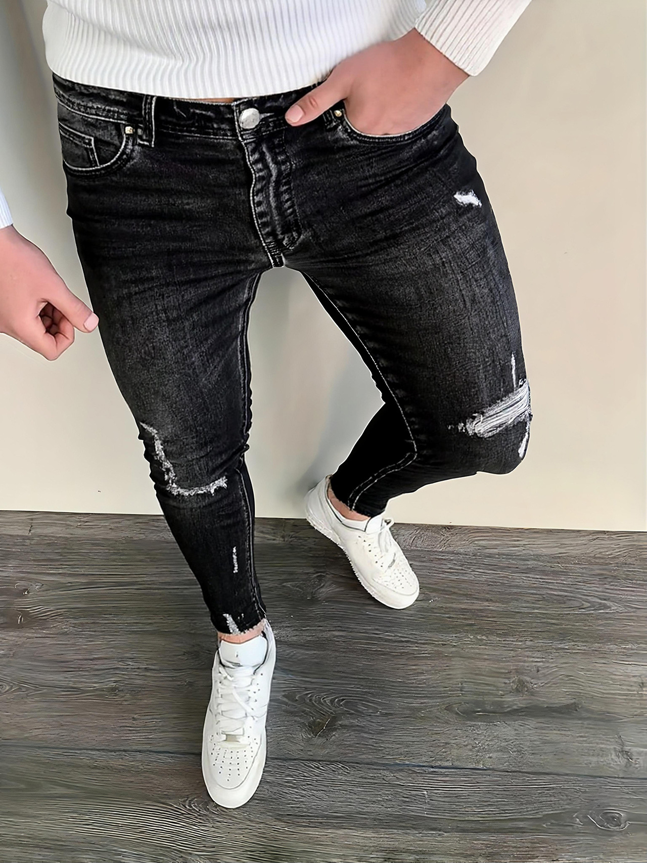 Jeans slim fit uomo strappati elastici pantaloni in denim_voghion.com