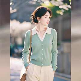 2026年秋季新款薄荷绿polo领内搭打底衫女装今年流行的假两件上衣