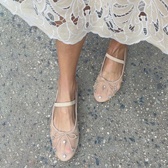 羊皮版~韓版水鑽網面透氣淺口單鞋女夏蝴蝶結芭蕾瑪麗珍女鞋