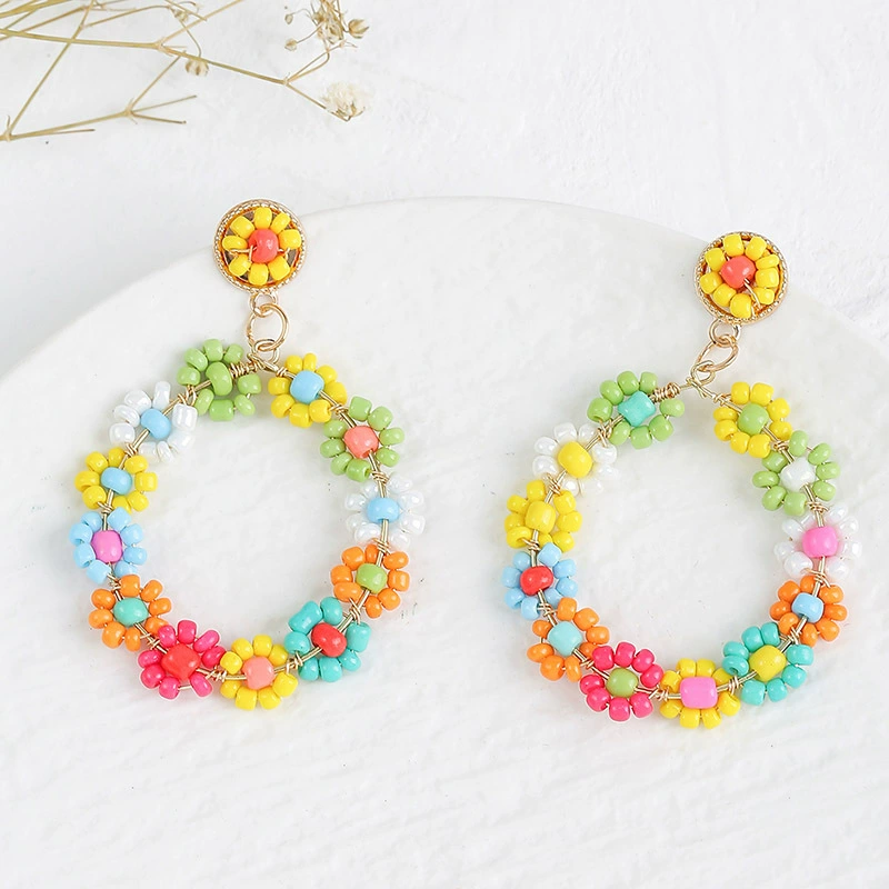 Серьги handmade, бохо стиль Европы, переплетенные цветочные бусины, легкие 10×10 см