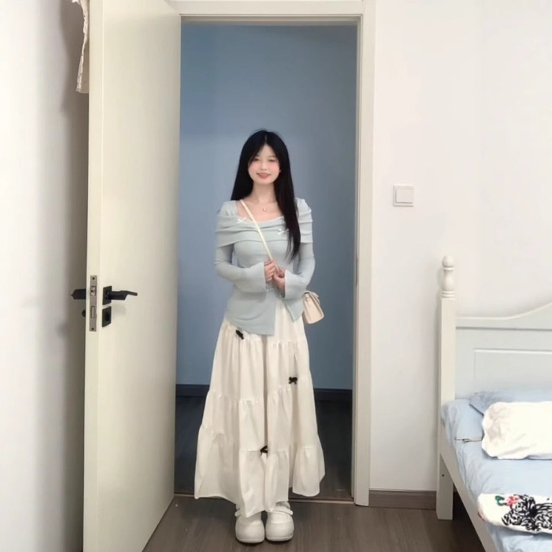 甜欲风一字肩上衣套装女早秋设计感辣妹长袖T恤高腰蝴蝶结半身裙|undefined
