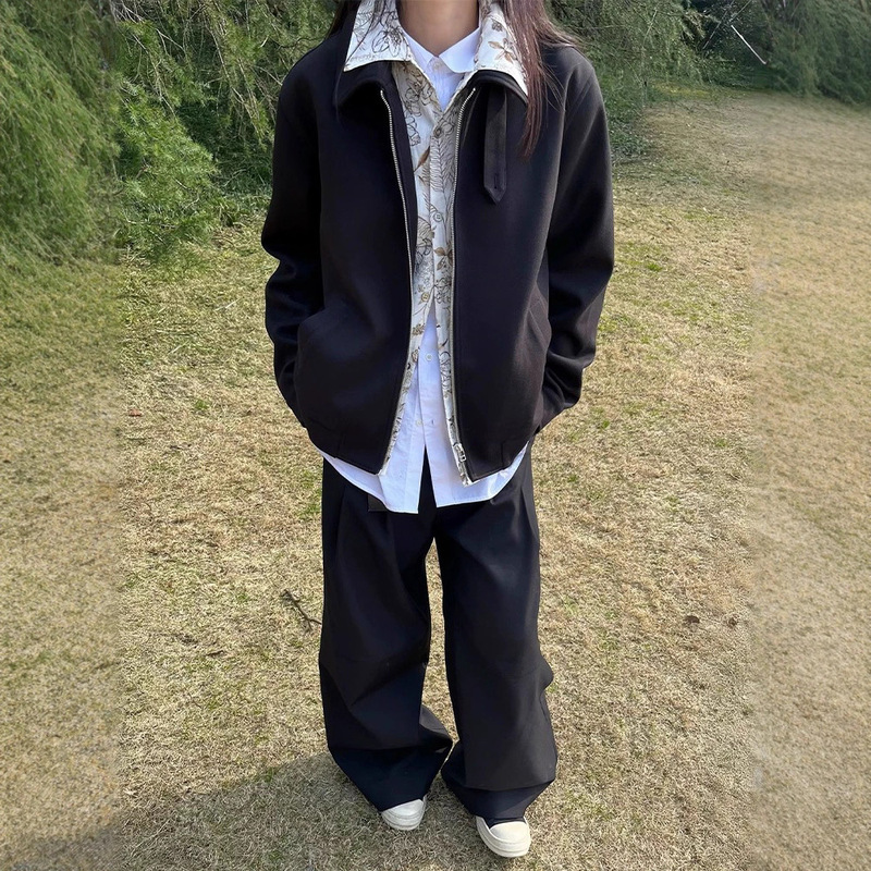 Linen Floral Two-Piece Faux Wool Lapel Design Zipper Jacket Unisex Cleanfit Autumn and Winter Casual Coat