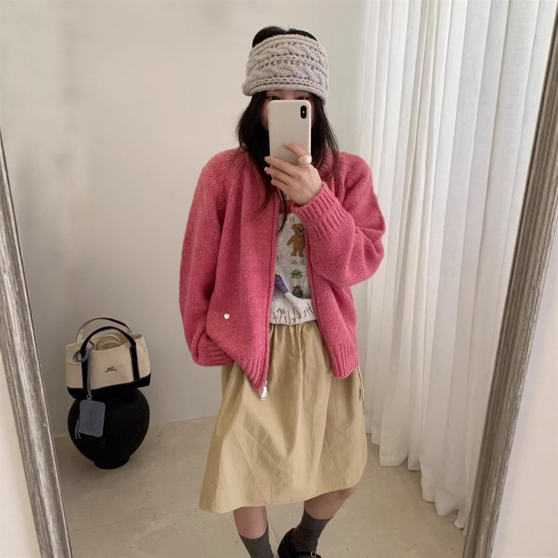 慵懒风双拉链毛衣外套女2025秋冬马海毛贝壳标简约韩系针织开衫潮|undefined
