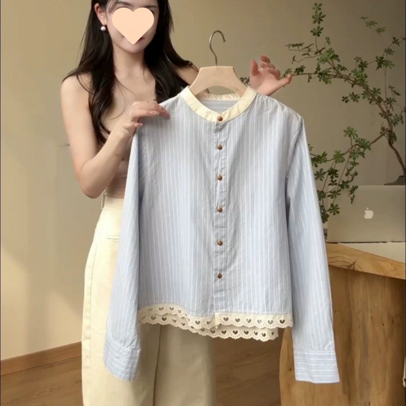 Французская пасторальная нежная, свежая и милая рубашка с вырезом в форме сердца, кружевной строчкой и полосками, круглым вырезом для женщин, весна-лето 2025