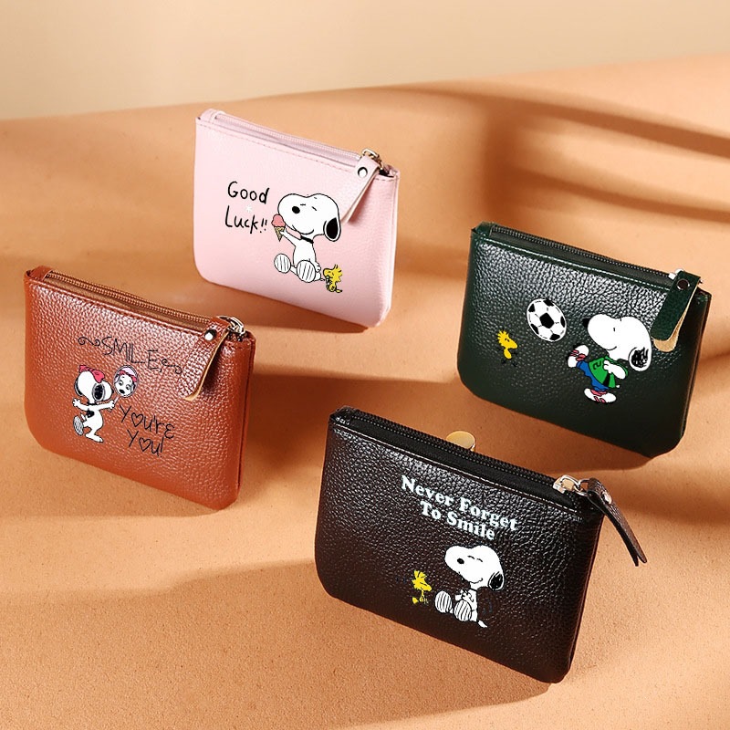 Cartoon Snoopy Coin Purse for Men and Women, New Coin Purse with Lychee Pattern, Zippered Coin Bag, PU Soft Leather Card Holder