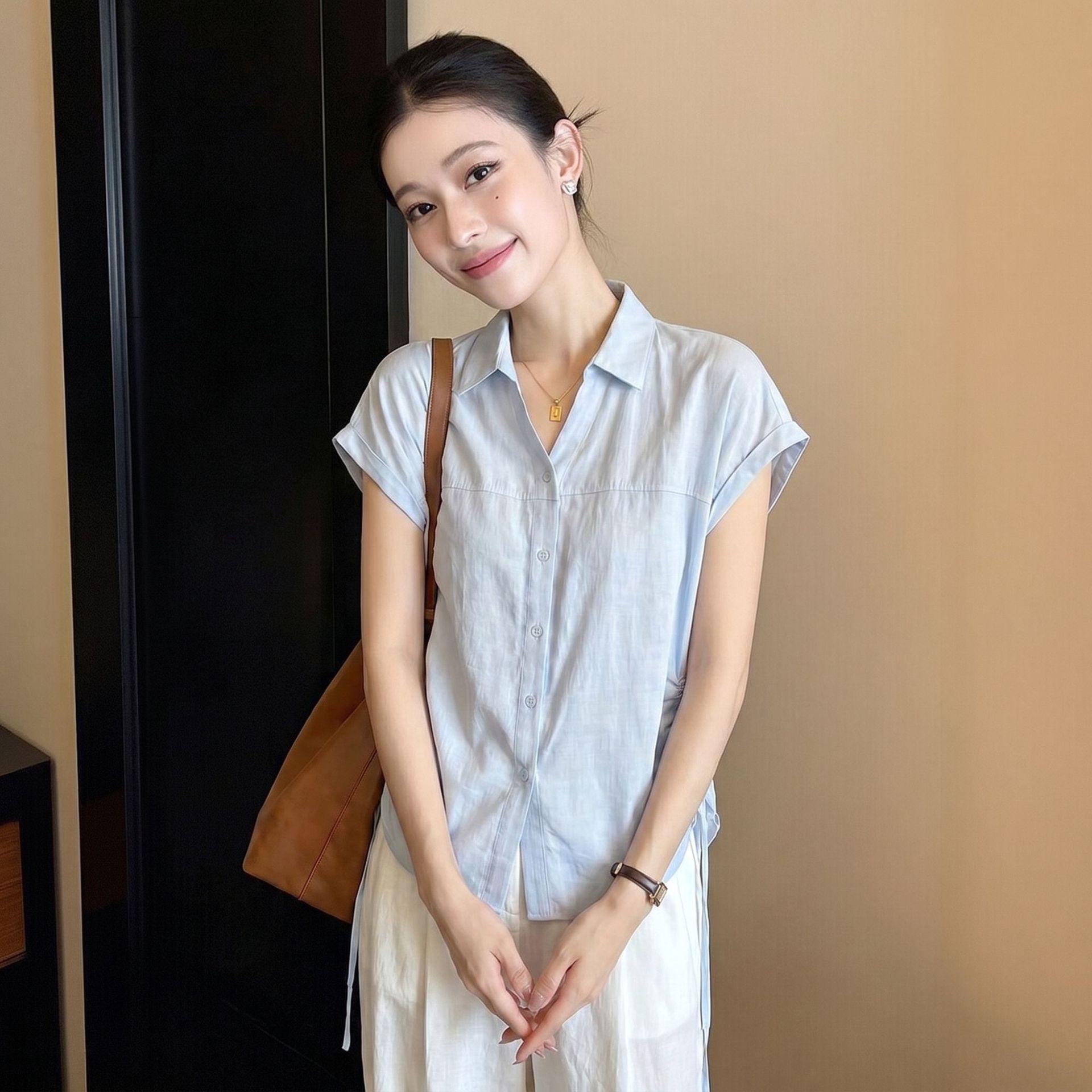 Áo sơ mi ngắn tay nữ màu vàng thiết kế độc đáo, eo thon, dành cho người đầy đặn — xanh lam chi tiết 4