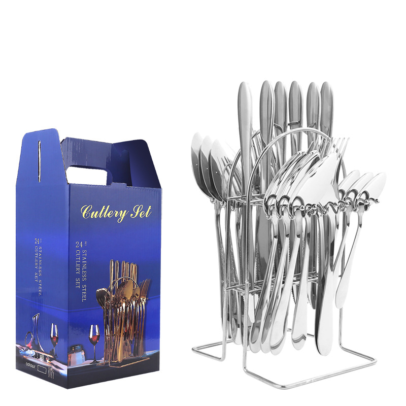 Amazon Tik Tok vajilla de acero inoxidable 24 unidades traje 1012 cuatro piezas principales occidental cuchillo, tenedor y cuchara rack caja regalo