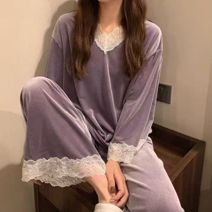 Cross-Border Export Popular Pajamas for Women Spring & Fall Gold Velvet V Neck Lace Long-Sleeved Pants Home Wear Two-Piece Set