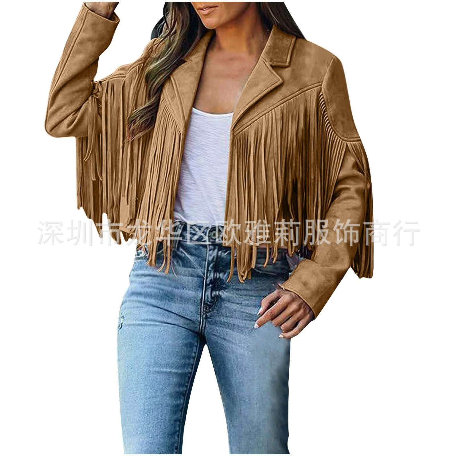 Вступила в электронную коммерцию Amazon 2023 Европейская и американская Осенняя женская короткая однотонная приталенная Классическая куртка из оленьей кожи с кисточками