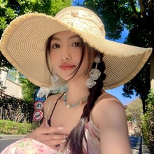 2025新款草帽女蕾丝蝴蝶结夏季法式大帽檐遮阳防晒帽沙滩太阳帽子
