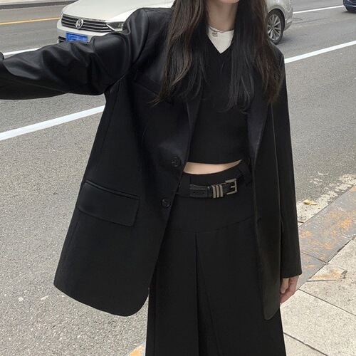 Women's Black Leather Jacket Suit Coat 2026 Spring Season Korean Version Fashion New Loose Elegant High-End Little Suit