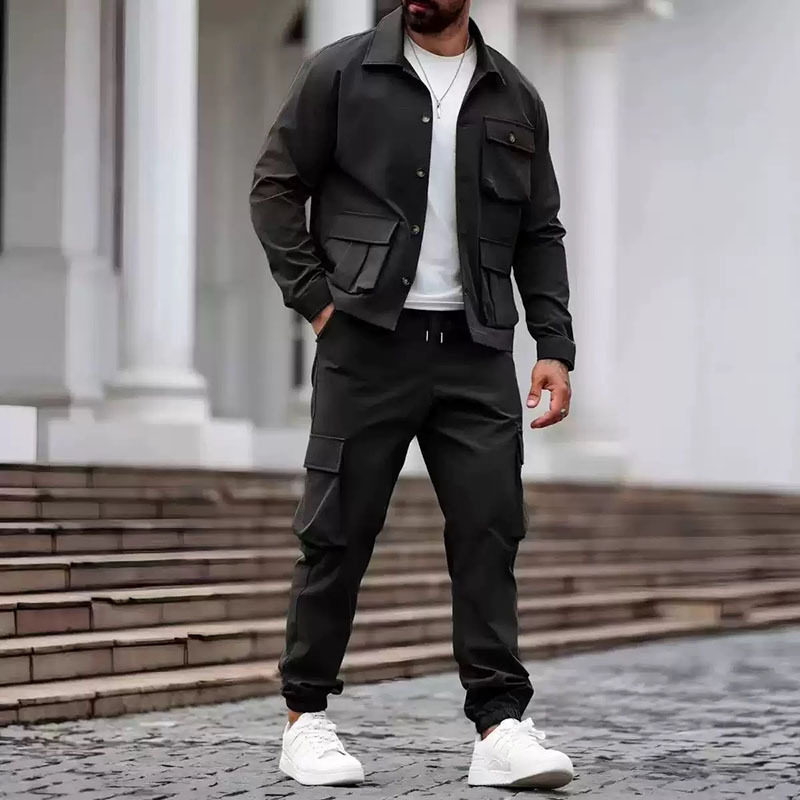 Giacca da lavoro europea e americana con fori incrociati, pantaloni lunghi multitasche, abbigliamento sportivo casual da esterno, completo da uomo alla moda._voghion.com
