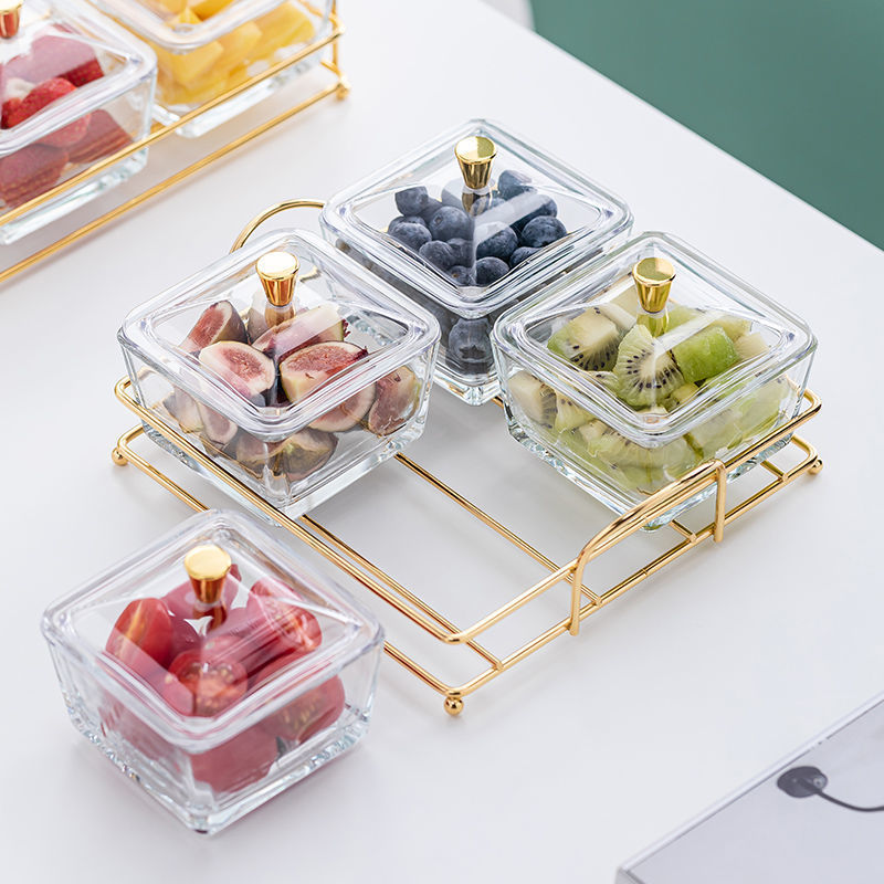 Glass Divided Fruit Plate with Lid for Home Living Room Snack Plate Candy Dried Fruit Plate Ktv Bar Melon Seed Snack Plate