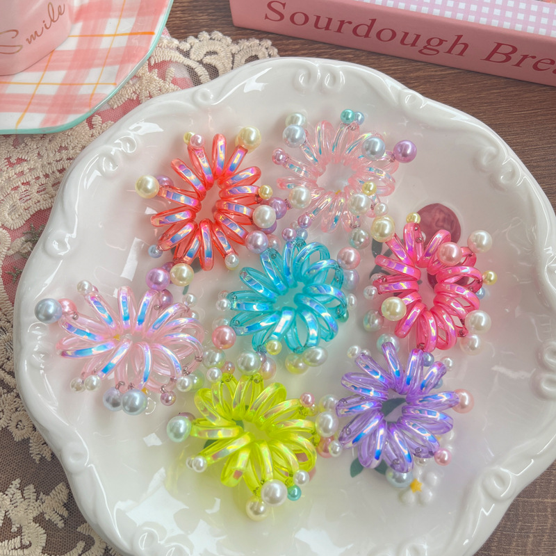 新款糖果色简约亮色珍珠发圈高弹力韩系气质高级感电话线马尾发圈