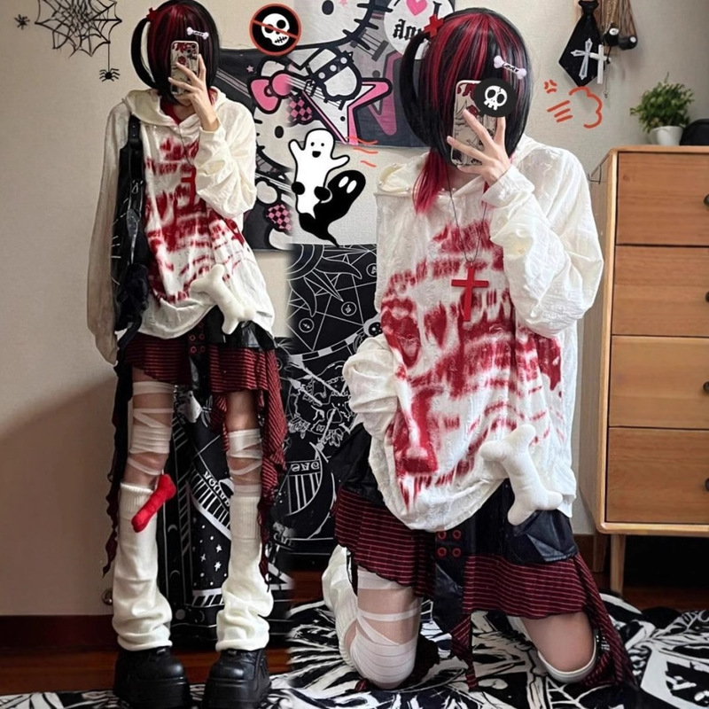 Spring and Autumn Yabi Culture Blood Book Hoodie y2k Rock Punk Print Pearl Buckle Hoodie T-Shirt Women