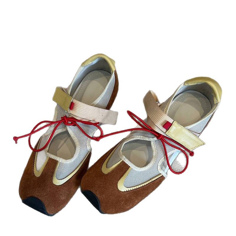 Versión de piel de oveja ~ Zapatos de senderismo deportivos retro feos y lindos para mujer, zapatos Mary Jane huecos casuales de todo fósforo, zapatos individuales con velcro