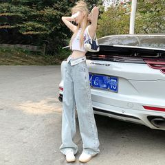 设计感翻腰阔腿牛仔裤女2025年夏季新款直筒宽松显瘦小个子拖地裤