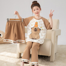 夏季女童睡衣短袖长裤纯棉薄款中大童卡通三件套儿童宝宝家居服