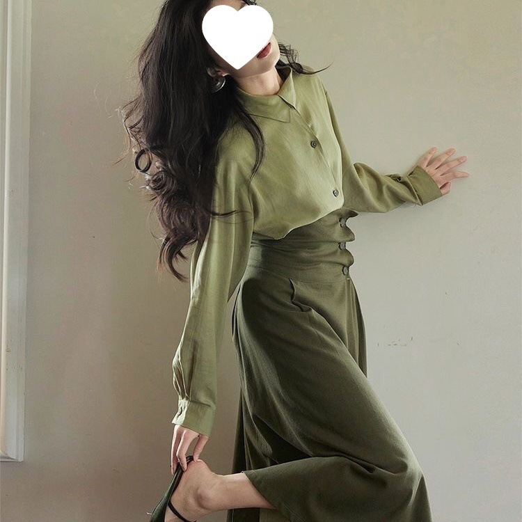 法式绿色不对称领复古套装女2025秋季新款高级感衬衫半身裙潮|undefined