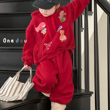 女童加绒加厚套装冬装2024新款女孩洋气连帽卡通大红卫衣裤子套装