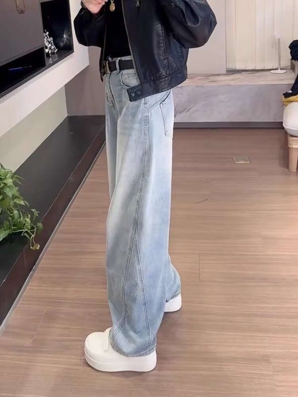 レトロシミタージーンズレディース春秋大きいサイズファットmm洋ナシ体型ゆったりハイウエストスリムストレートワイドレッグパンツ|undefined