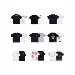 2025夏の新型男女同タイプのファッションは丸襟の頭のtシャツの手描きの墨の潮の札を掛けます。
