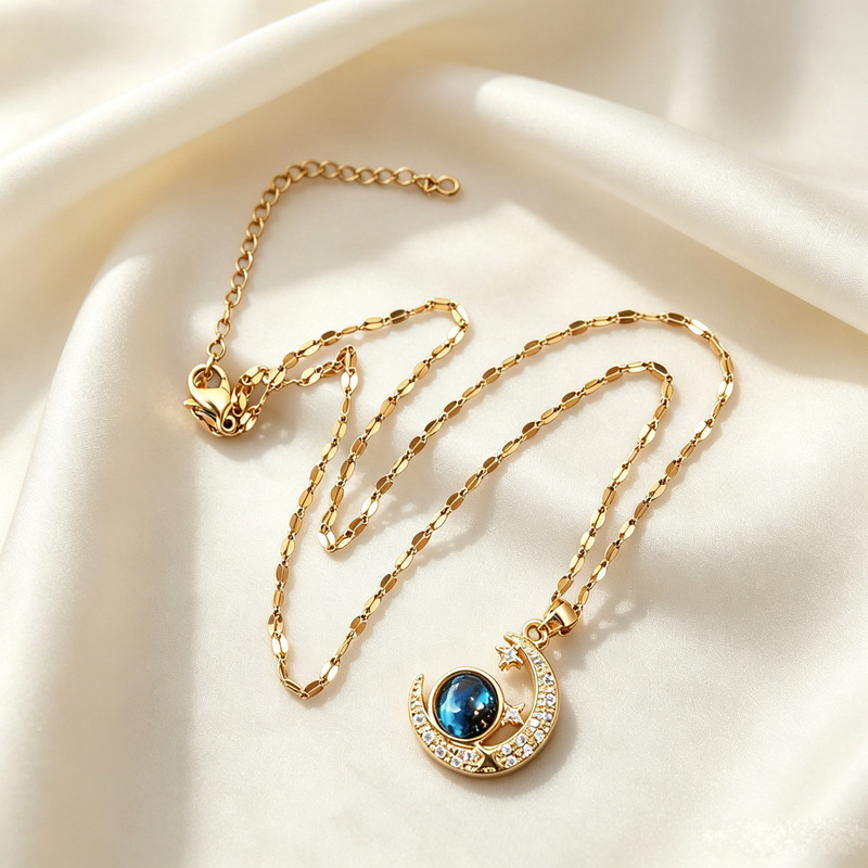 Light luxury cross-border metallic necklace with moon and starry sky design, diamond-studded alloy pendant, elegant and luxurious jewelry