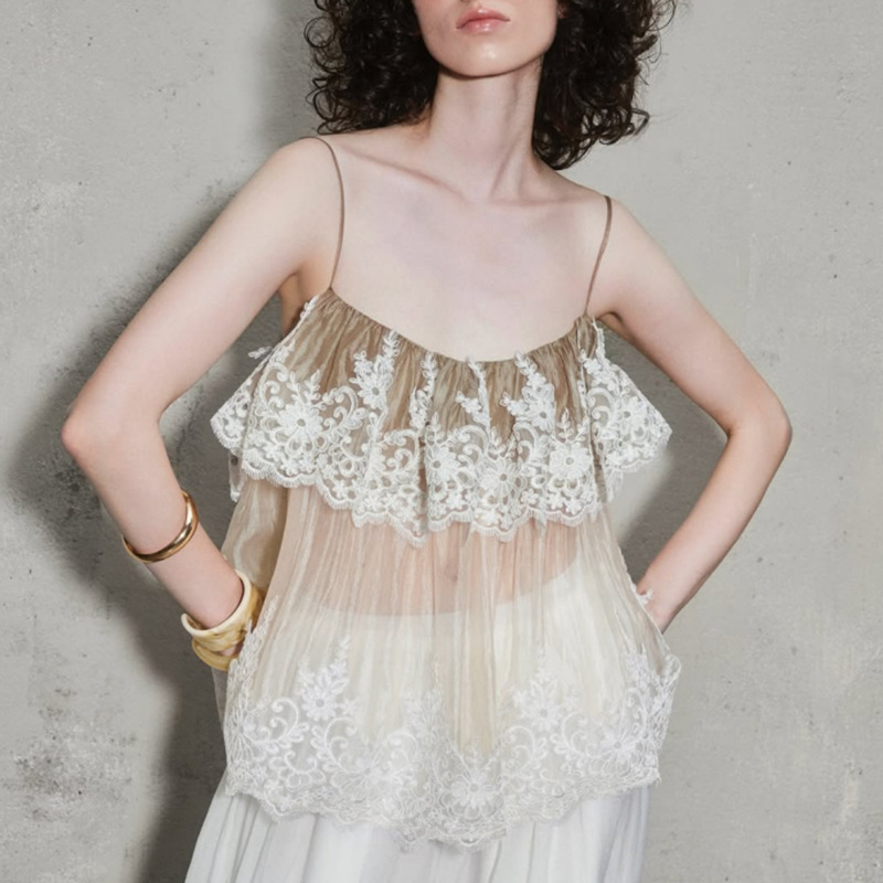 Purely alluring vacation lace camisole for both inner and outer wear, 2026 summer new women's sheer mesh loose-fitting shirt top