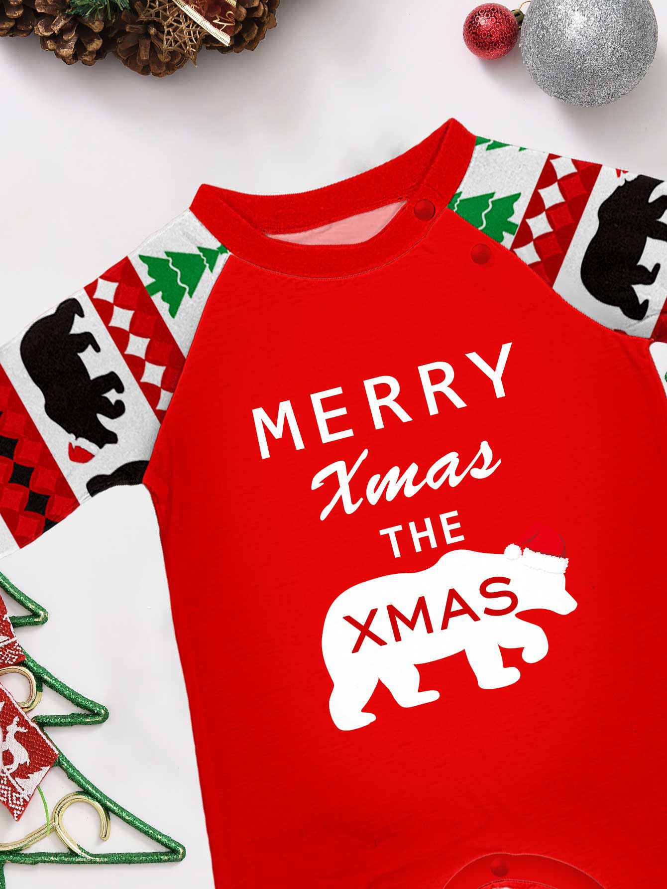 Christmas tree Bear letter stripes Christmas family dress printed home wear_voghion.com