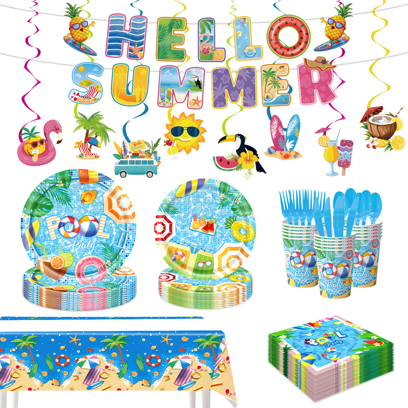 Summer Pool Party Plates Party Decorations Disposable Paper Cups Paper Towels Tablecloth Birthday Party Tableware Decoration