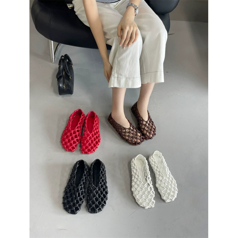 2025 новые женские туфли с перфорацией и ажурной вязкой, универсальные, удобные, французские, с неглубоким вырезом, дышащие, плоские сандалии на плоской подошве