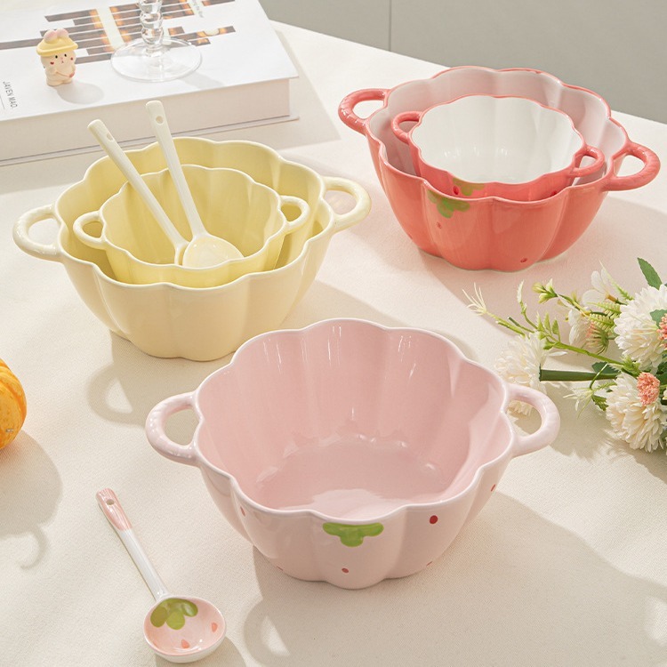 Cute High-Looking Bowl Ceramic Tableware and Dishes Set Double-Eared Bowl Instant Noodle Bowl Household Large Soup Bowl Spoon Chopsticks