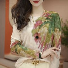 肌肤长袖网纱上衣感扎染打底小衫女秋季新款修身印花欧货