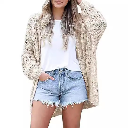 European and American Amazon Summer New Cardigan 2025 Loose Pure Color Cut Out Out Outwear Knitwear Women's Export Knitwear Women