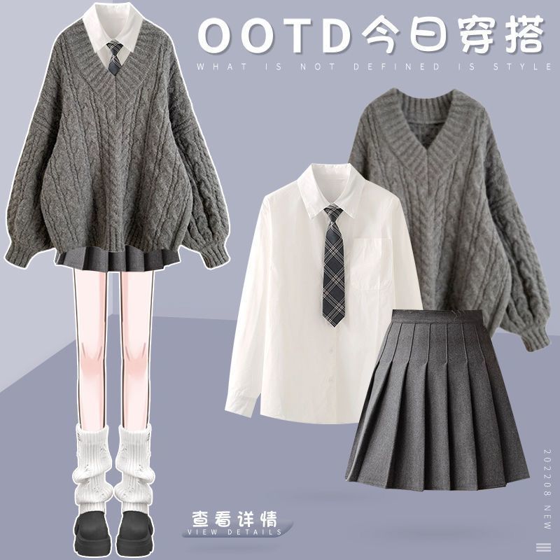 Jk Uniform Autumn and Winter Suit Women's 2025 New Age-Reducing Preppy Style Knitted Sweater Shirt Pleated Skirt Three-Piece Set